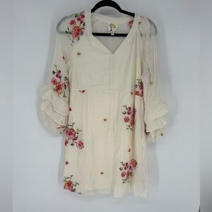 Fig and Flower Cream Dress with Pink Floral Embroidery